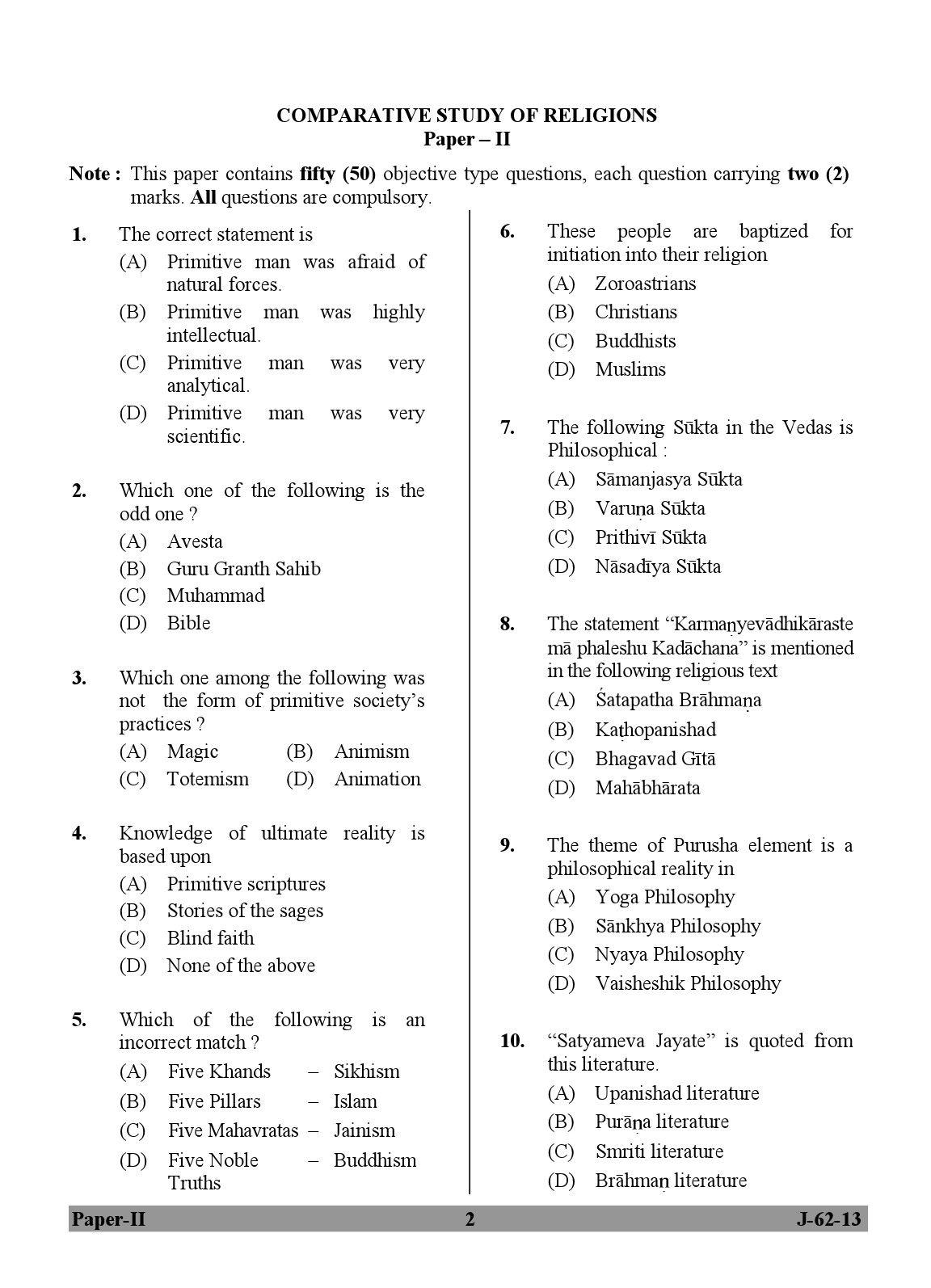 UGC NET Comparative Study of Religions Question Paper II June 2013 2