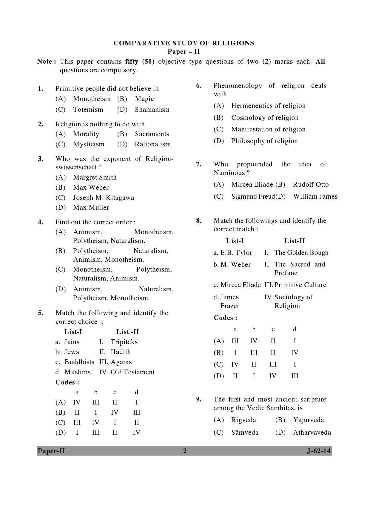 UGC NET Comparative Study of Religions Question Paper II June 2014 2