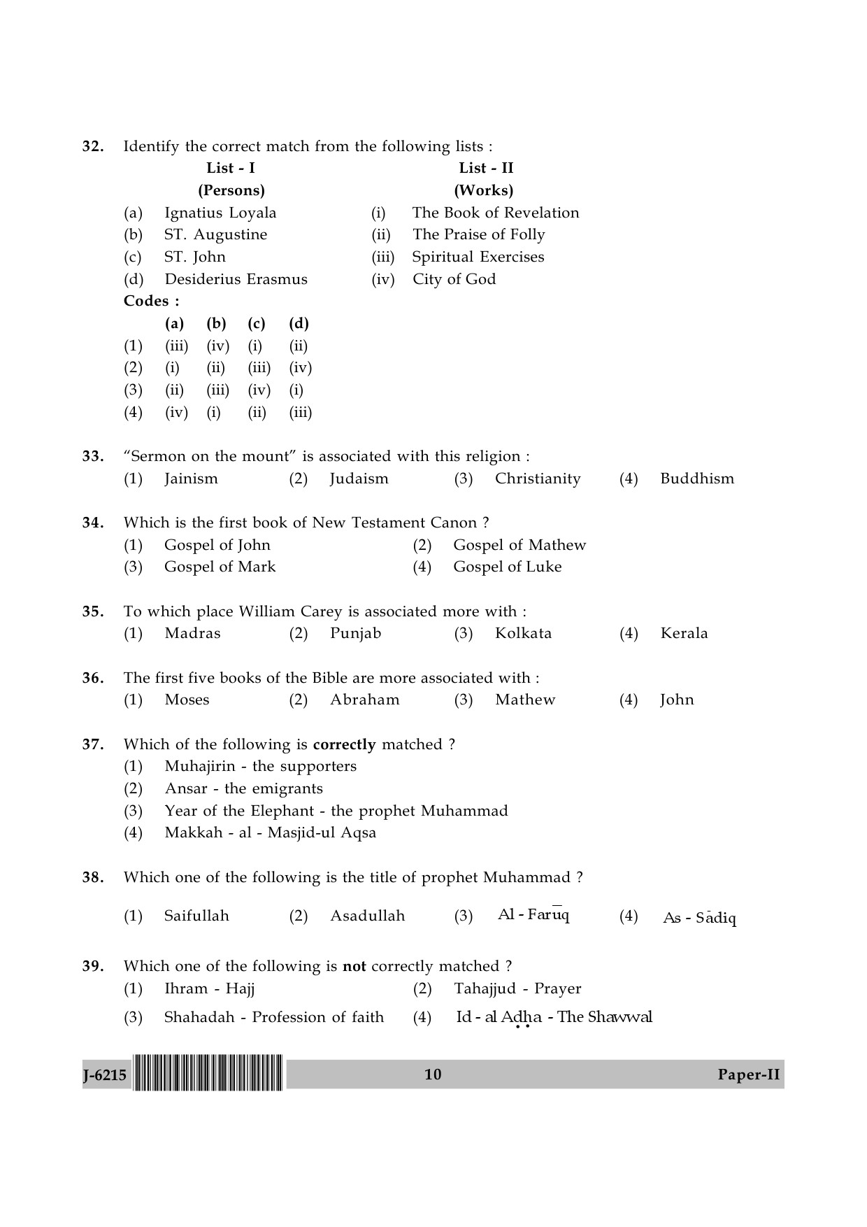 UGC NET Comparative Study of Religions Question Paper II June 2015 10