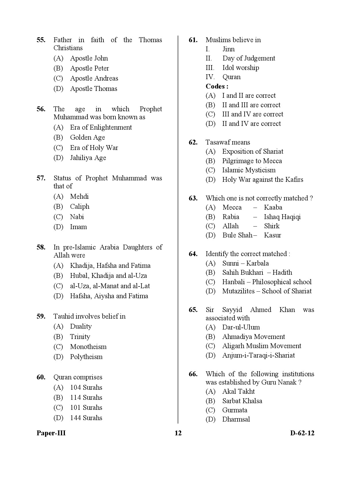 UGC NET Comparative Study of Religions Question Paper III December 2012 12