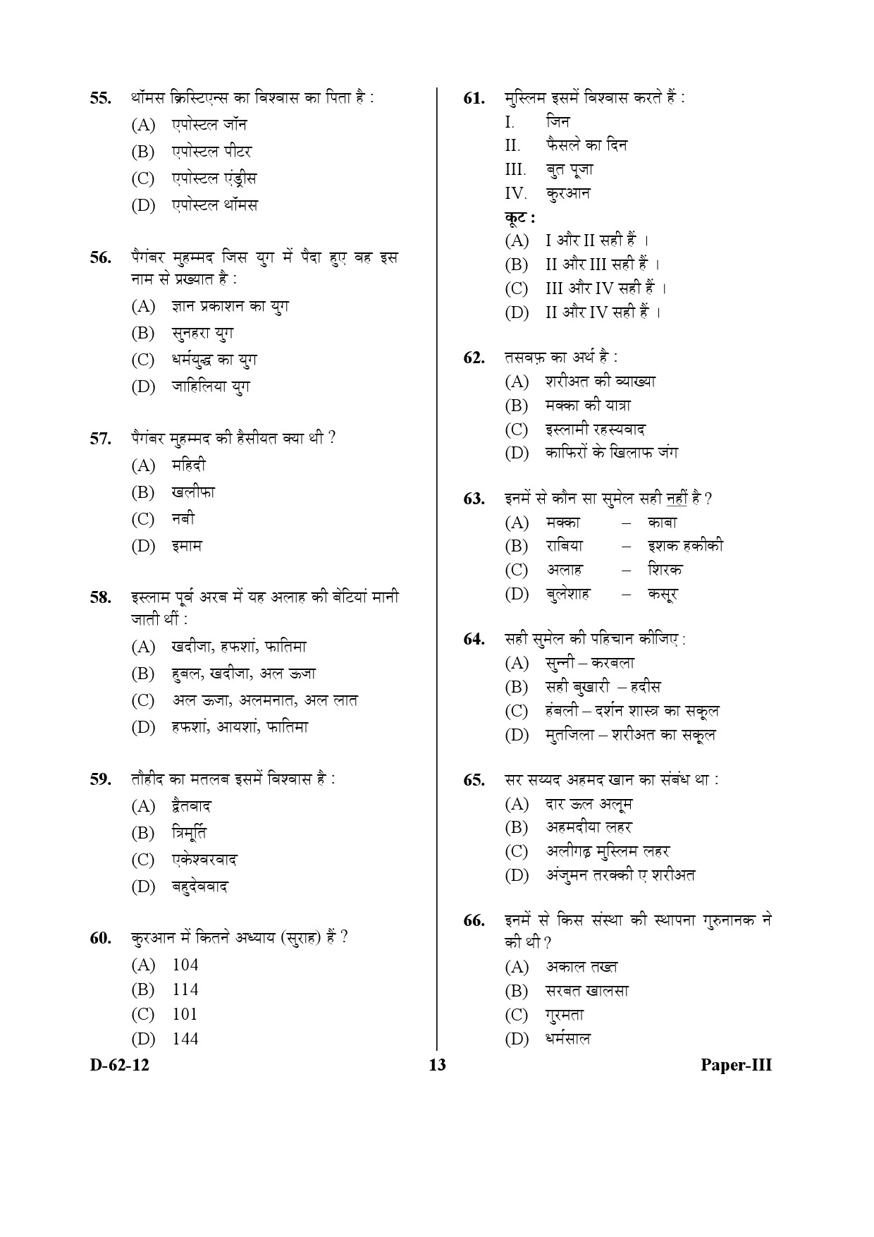 UGC NET Comparative Study of Religions Question Paper III December 2012 13