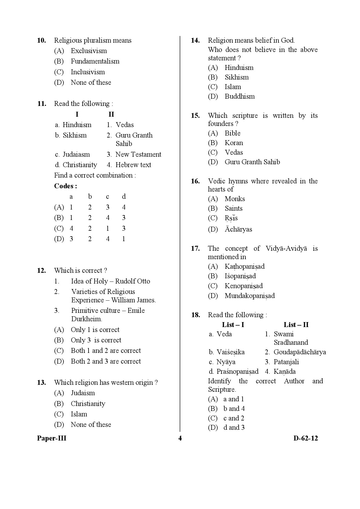 UGC NET Comparative Study of Religions Question Paper III December 2012 4