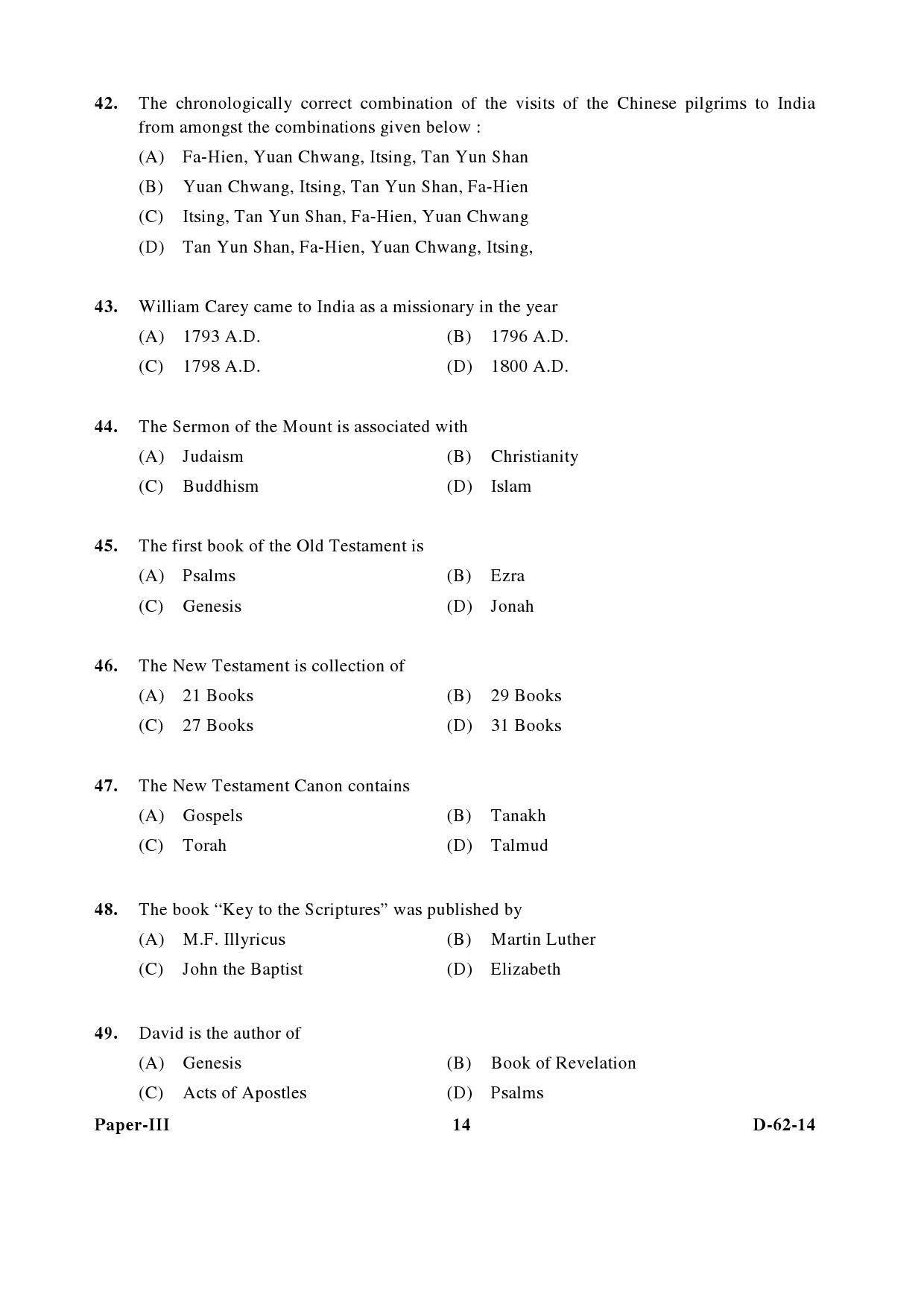 UGC NET Comparative Study of Religions Question Paper III December 2014 14