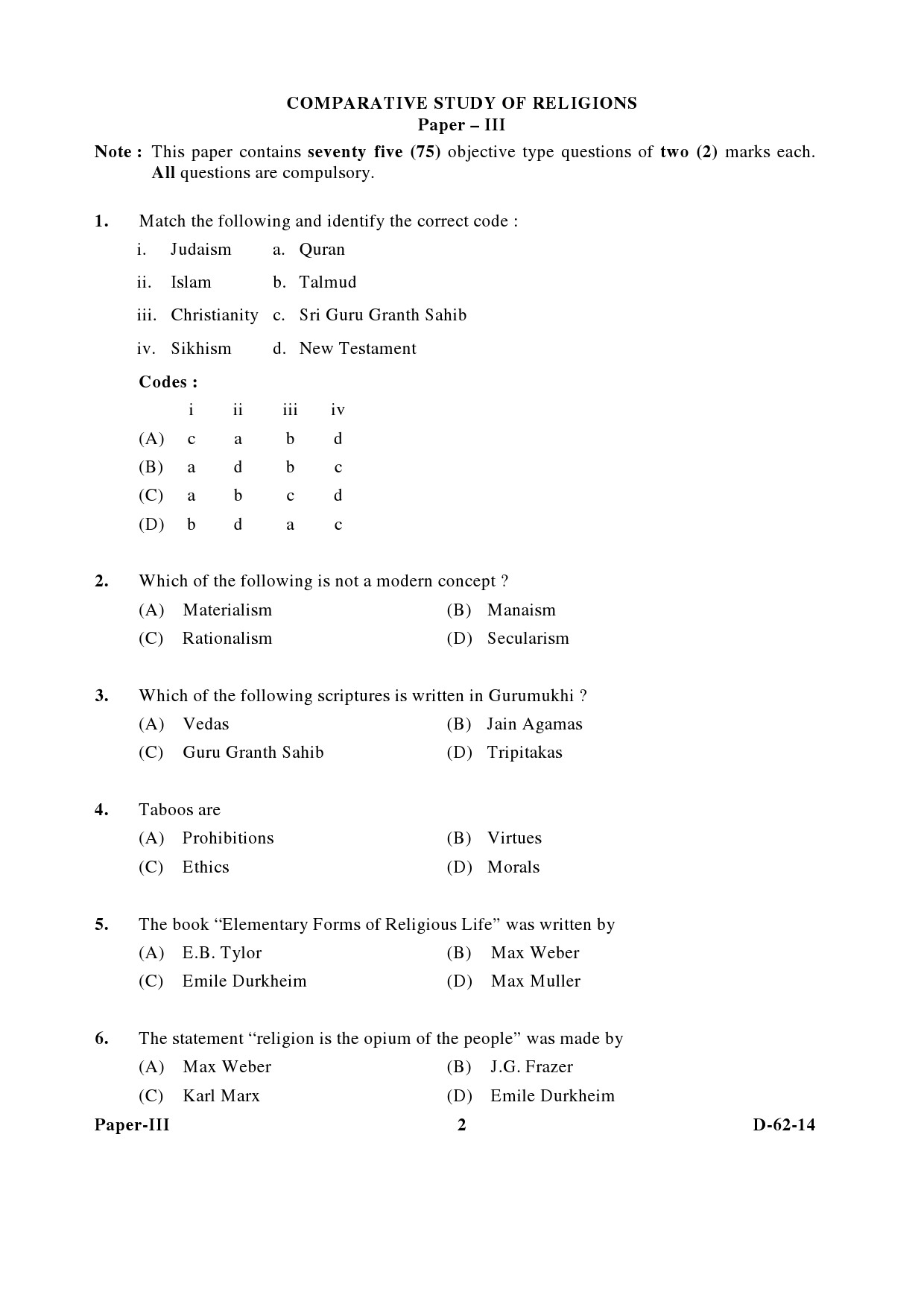 UGC NET Comparative Study of Religions Question Paper III December 2014 2