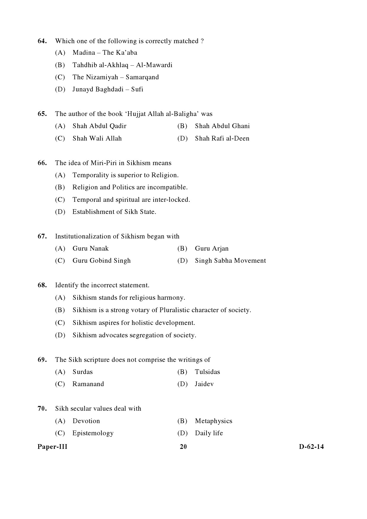 UGC NET Comparative Study of Religions Question Paper III December 2014 20