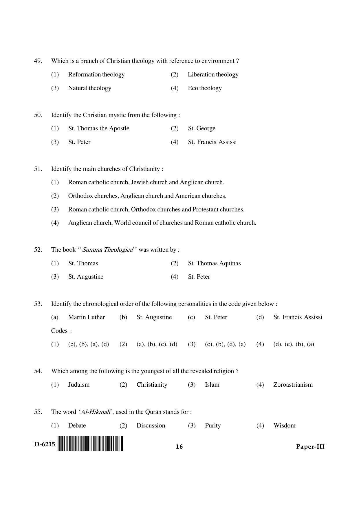 UGC NET Comparative Study of Religions Question Paper III December 2015 16