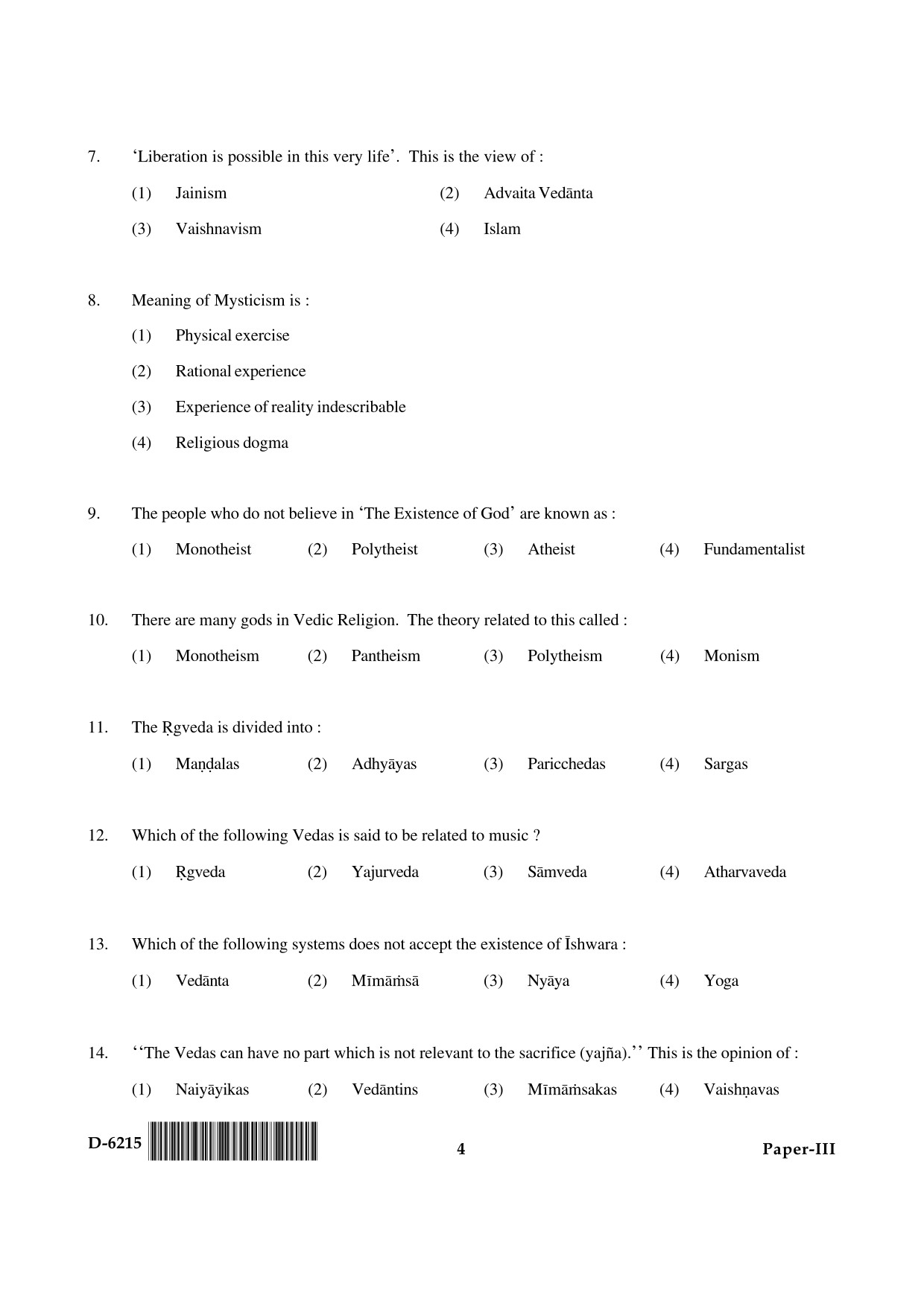 UGC NET Comparative Study of Religions Question Paper III December 2015 4