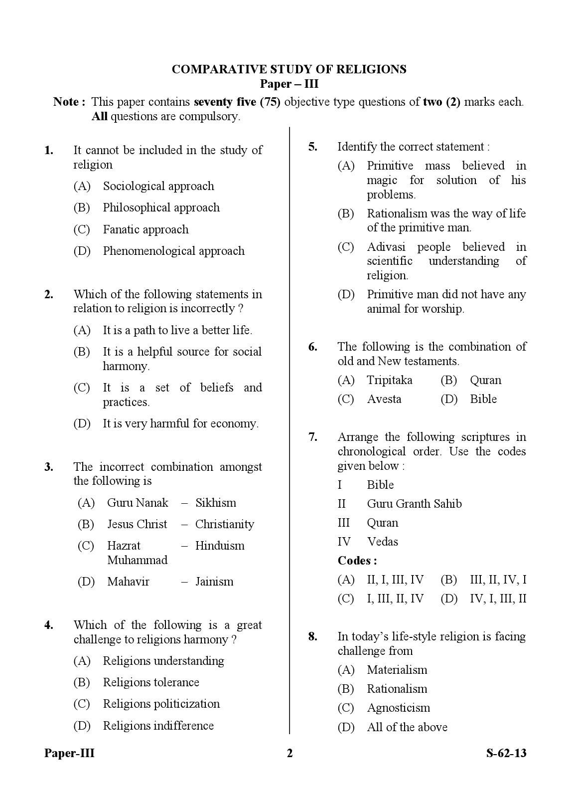 UGC NET Comparative Study of Religions Question Paper III Exam September 2013 2