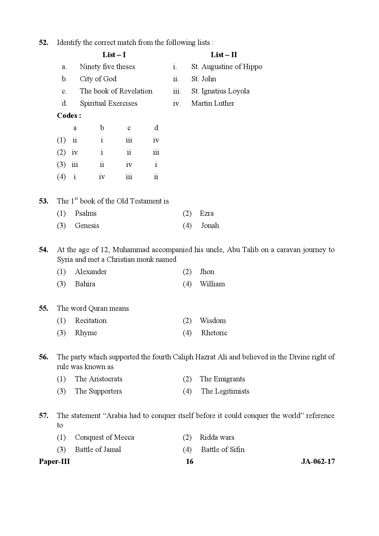 UGC NET Comparative Study of Religions Question Paper III January 2017 16