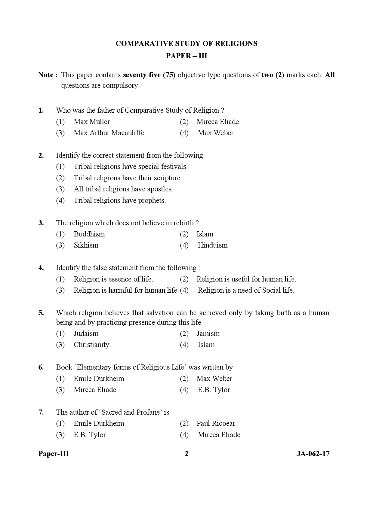 UGC NET Comparative Study of Religions Question Paper III January 2017 2