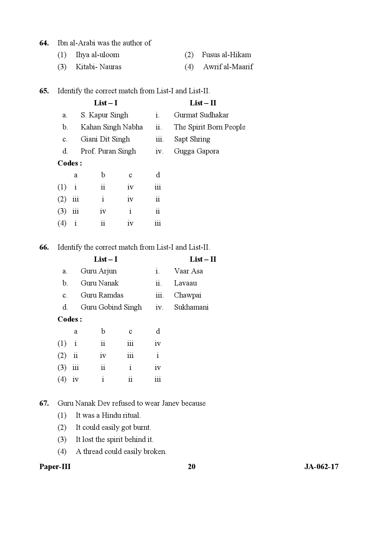 UGC NET Comparative Study of Religions Question Paper III January 2017 20