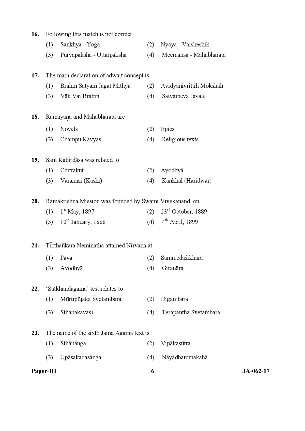 UGC NET Comparative Study of Religions Question Paper III January 2017 6