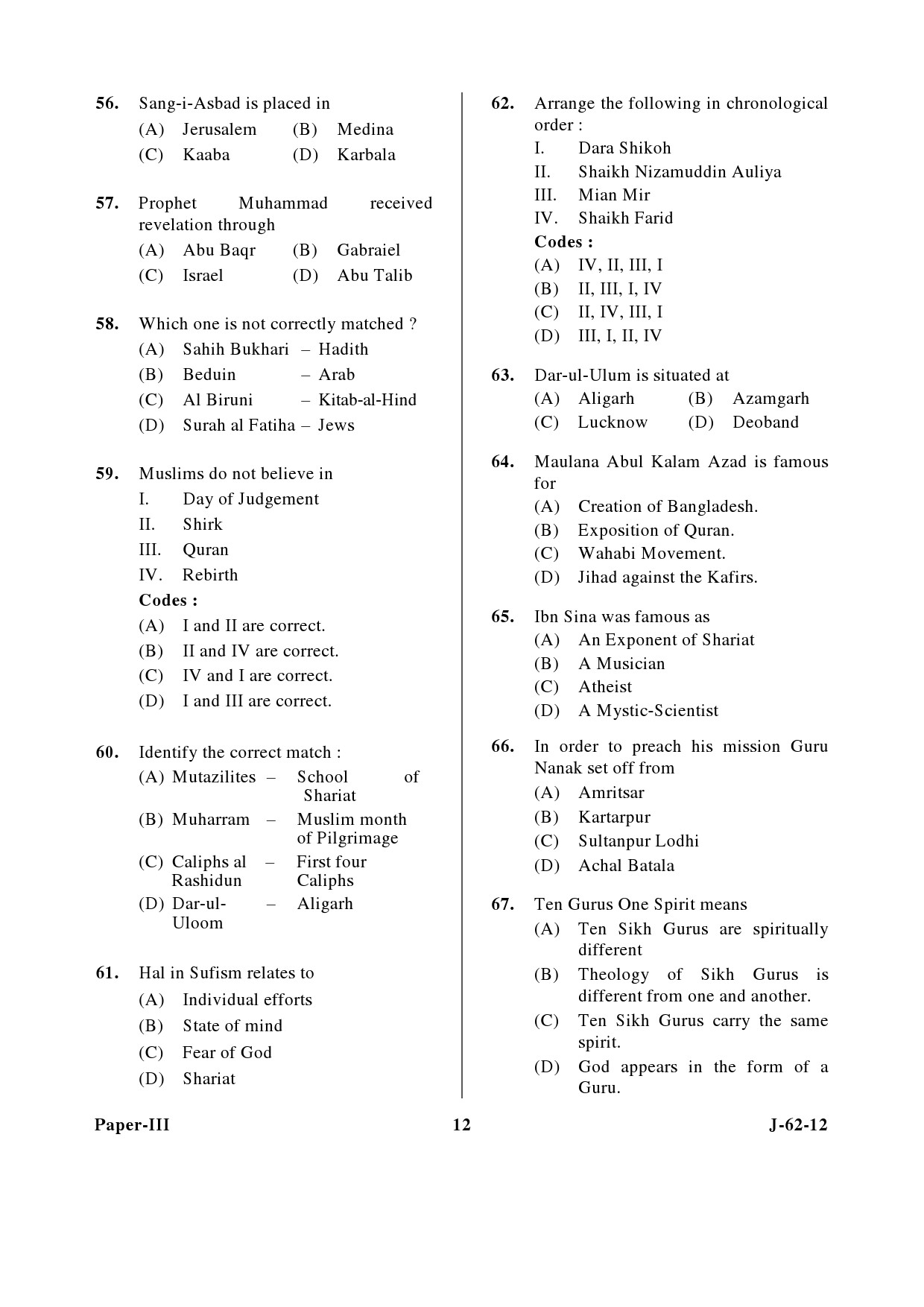 UGC NET Comparative Study of Religions Question Paper III June 2012 12