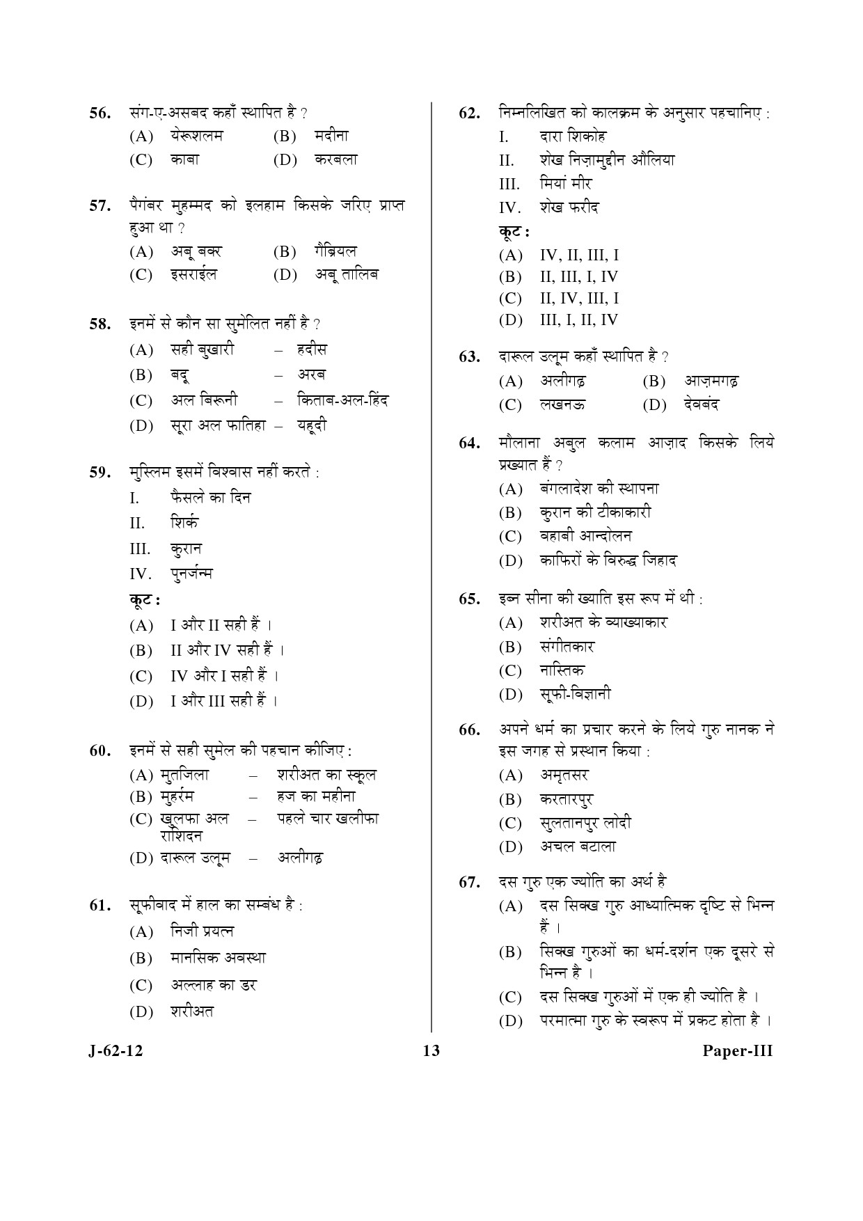 UGC NET Comparative Study of Religions Question Paper III June 2012 13