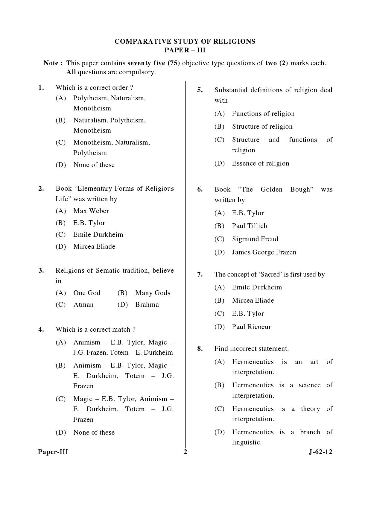 UGC NET Comparative Study of Religions Question Paper III June 2012 2