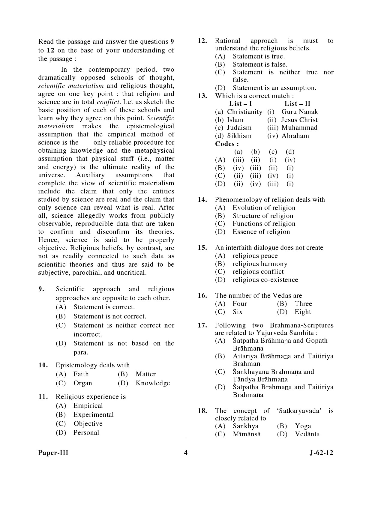 UGC NET Comparative Study of Religions Question Paper III June 2012 4