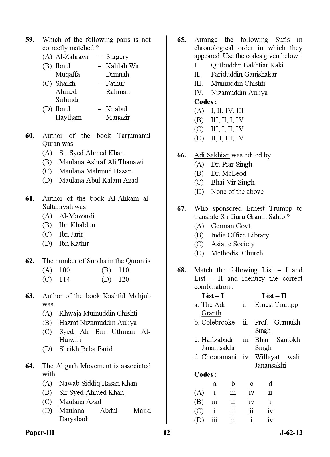 UGC NET Comparative Study of Religions Question Paper III June 2013 12