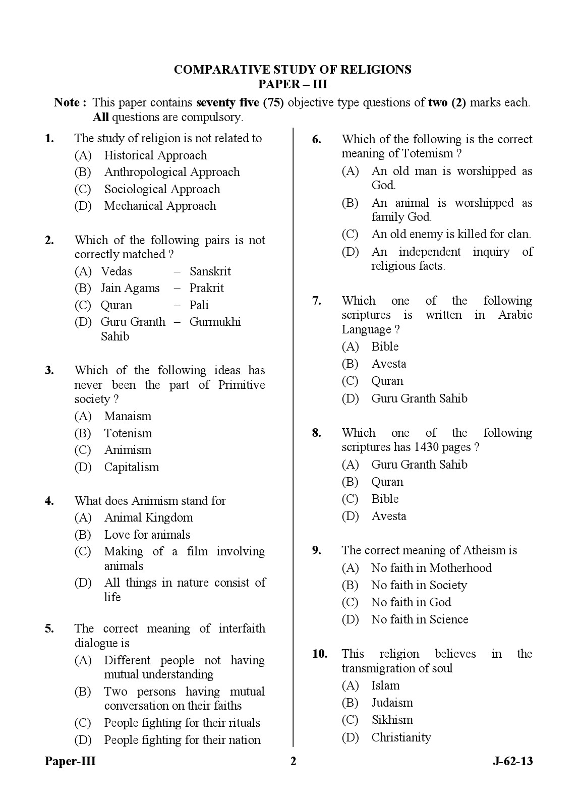 UGC NET Comparative Study of Religions Question Paper III June 2013 2