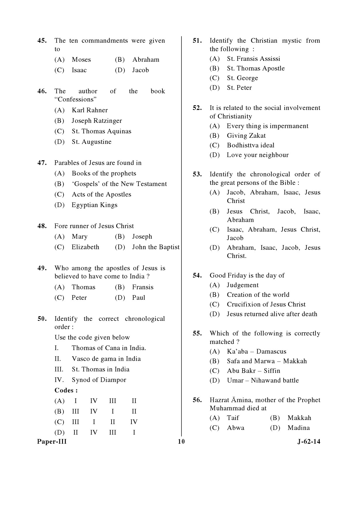 UGC NET Comparative Study of Religions Question Paper III June 2014 10