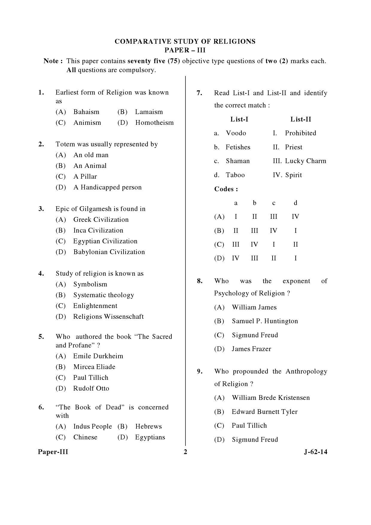 UGC NET Comparative Study of Religions Question Paper III June 2014 2