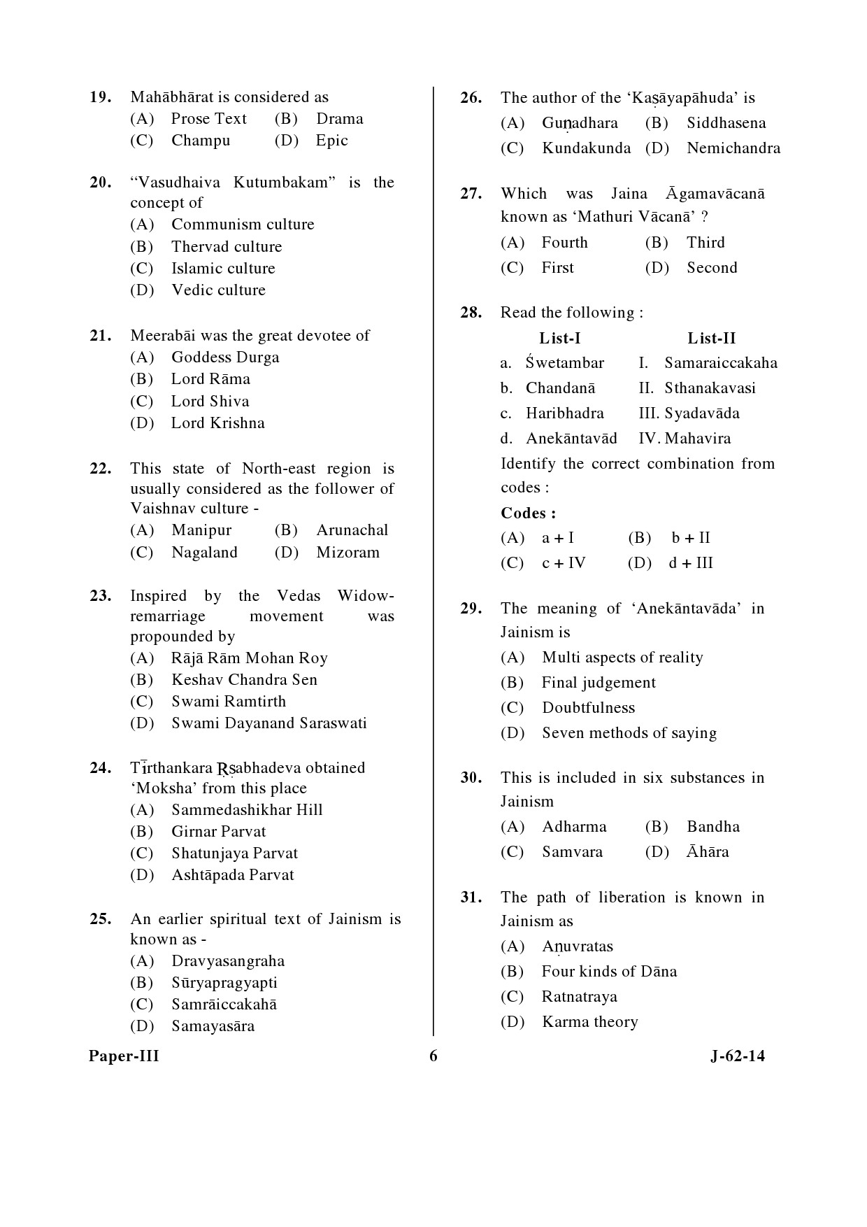 UGC NET Comparative Study of Religions Question Paper III June 2014 6