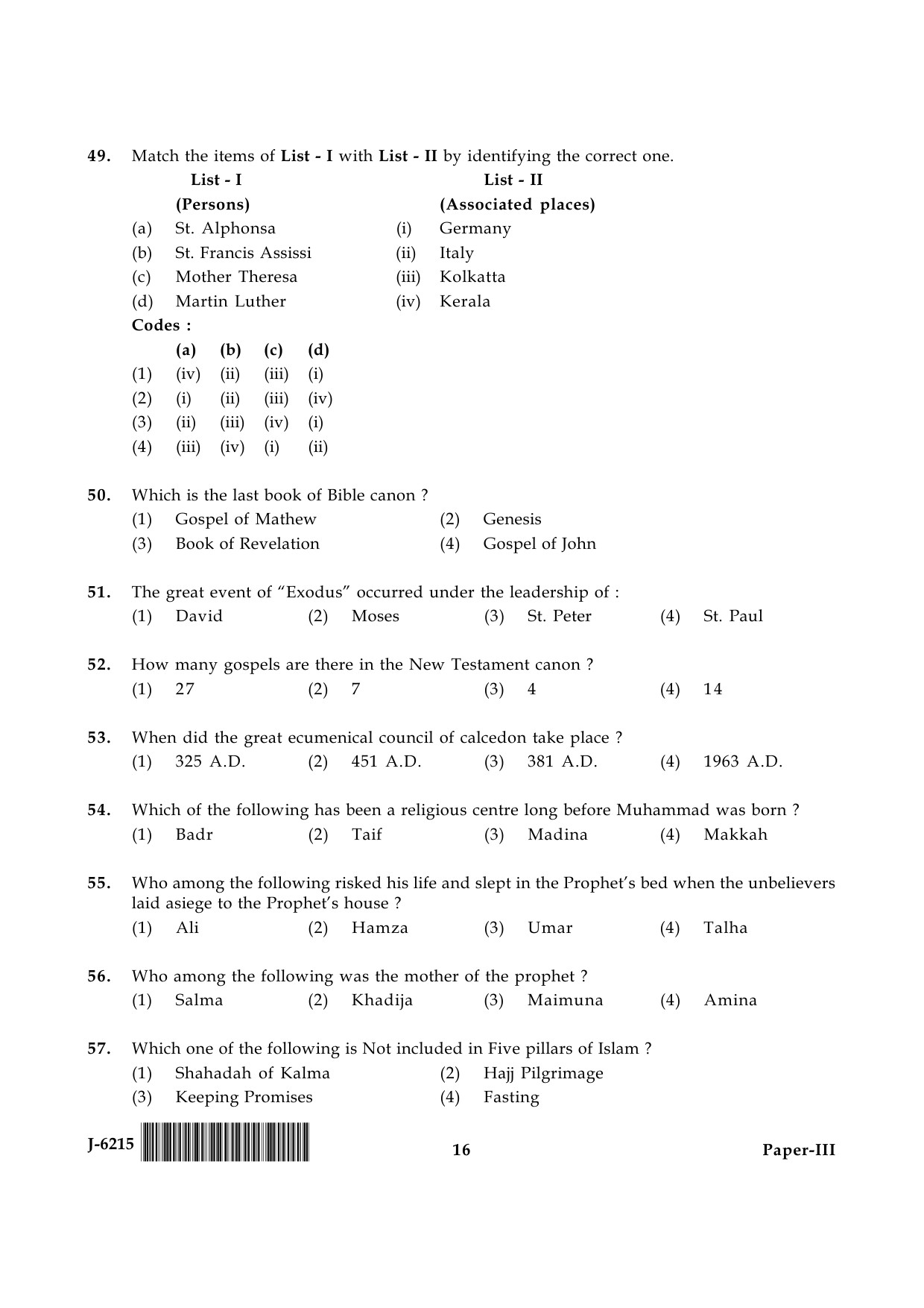 UGC NET Comparative Study of Religions Question Paper III June 2015 16