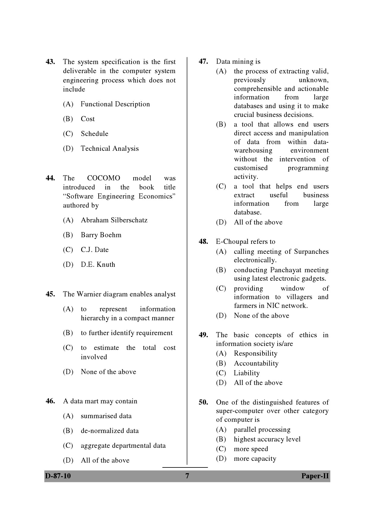 UGC NET Computer Science and Applications Question Paper II December 2010 7