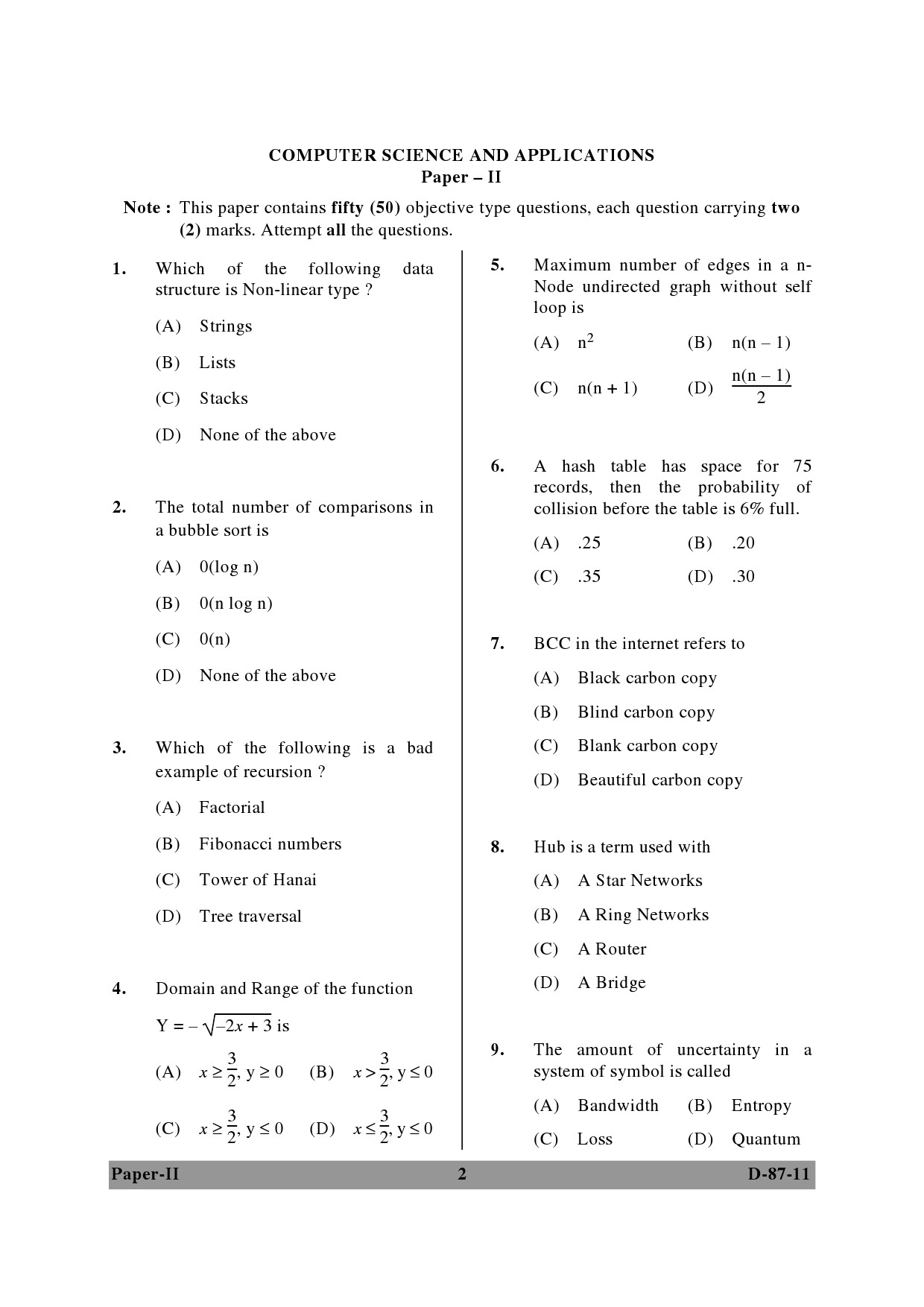 UGC NET Computer Science and Applications Question Paper II December 2011 2