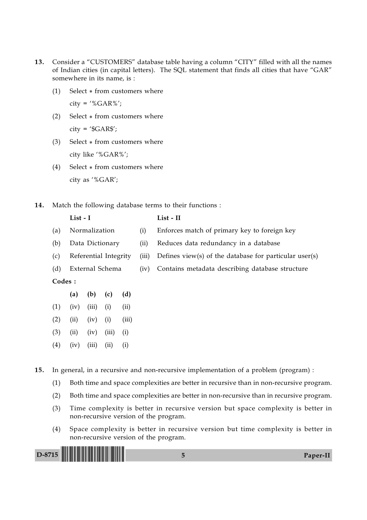 UGC NET Computer Science and Applications Question Paper II December 2015 5