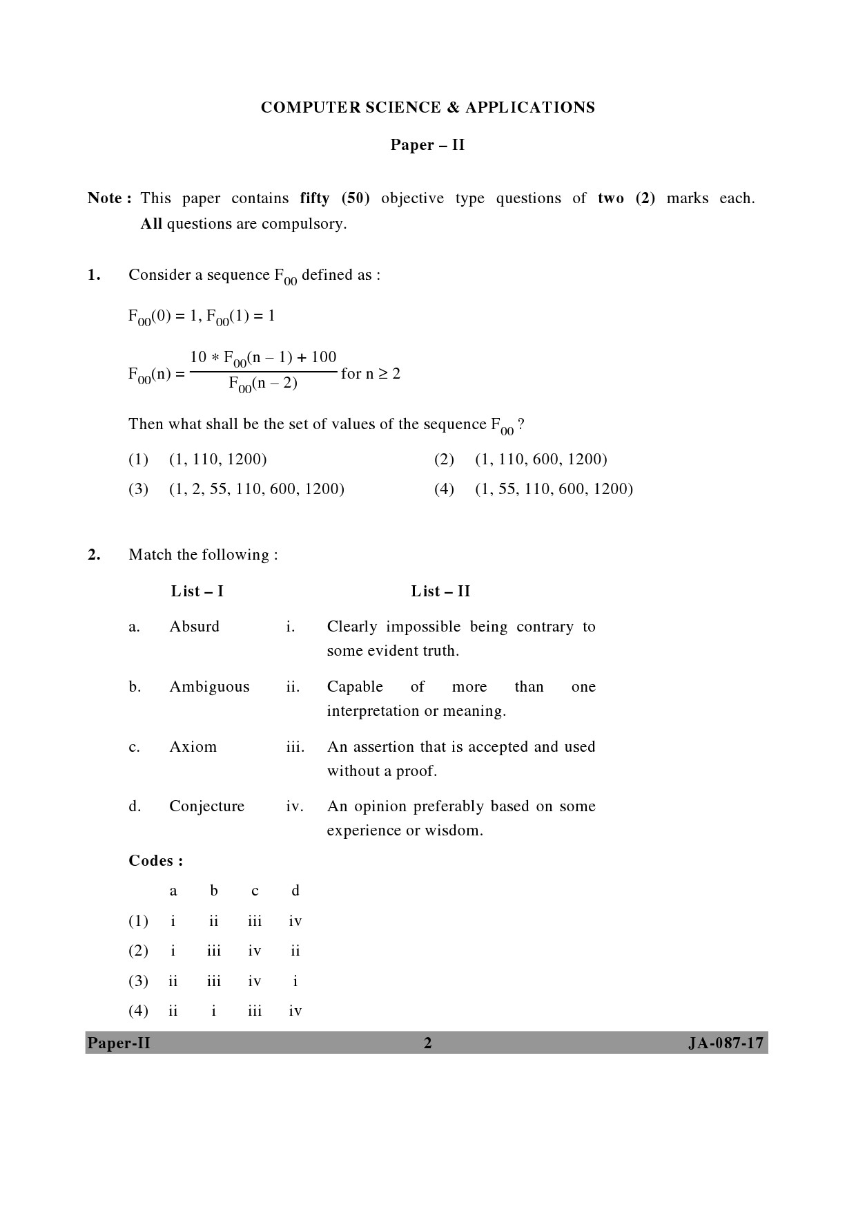 UGC NET Computer Science and Applications Question Paper II January 2017 2