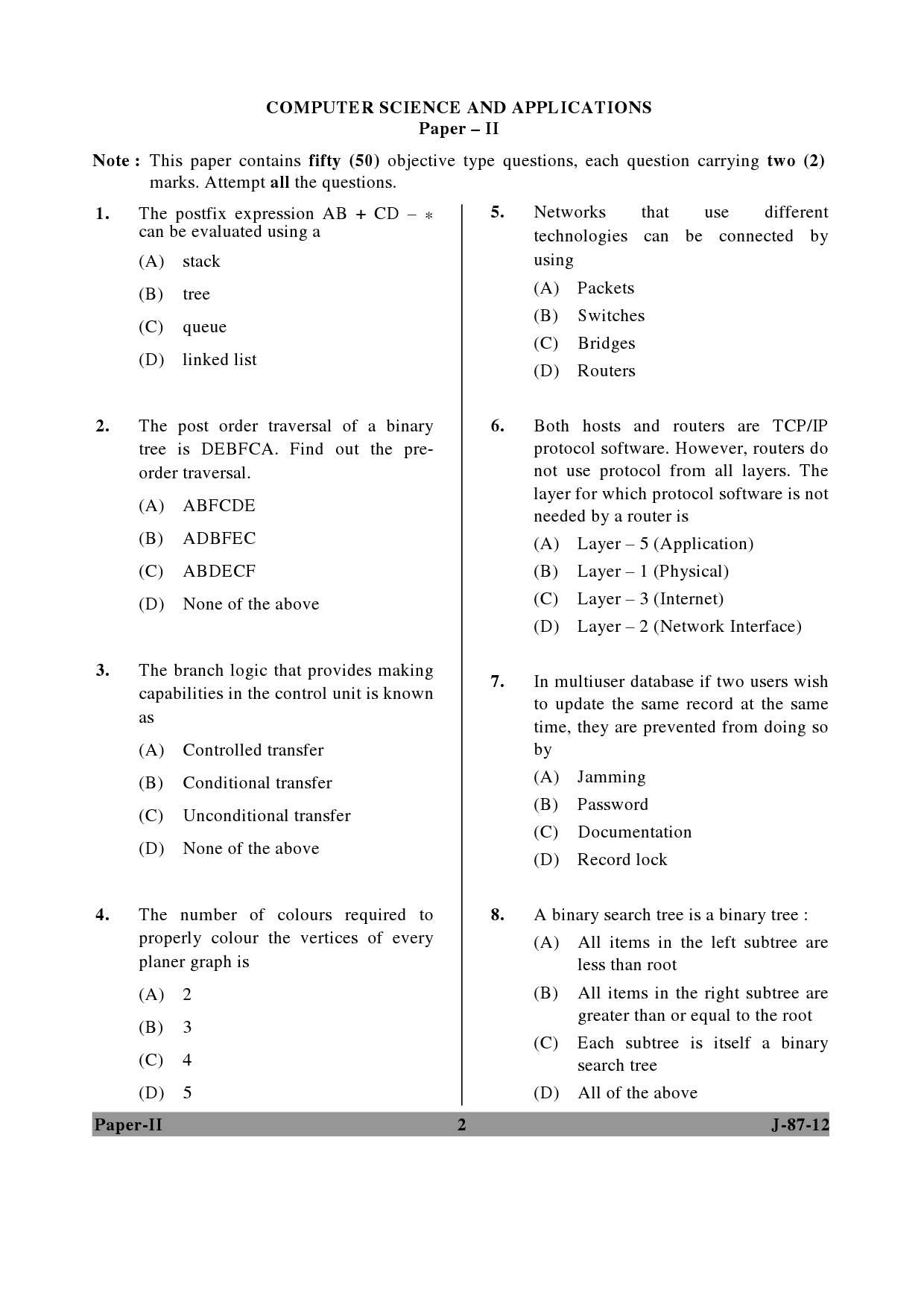 UGC NET Computer Science and Applications Question Paper II June 2012 2