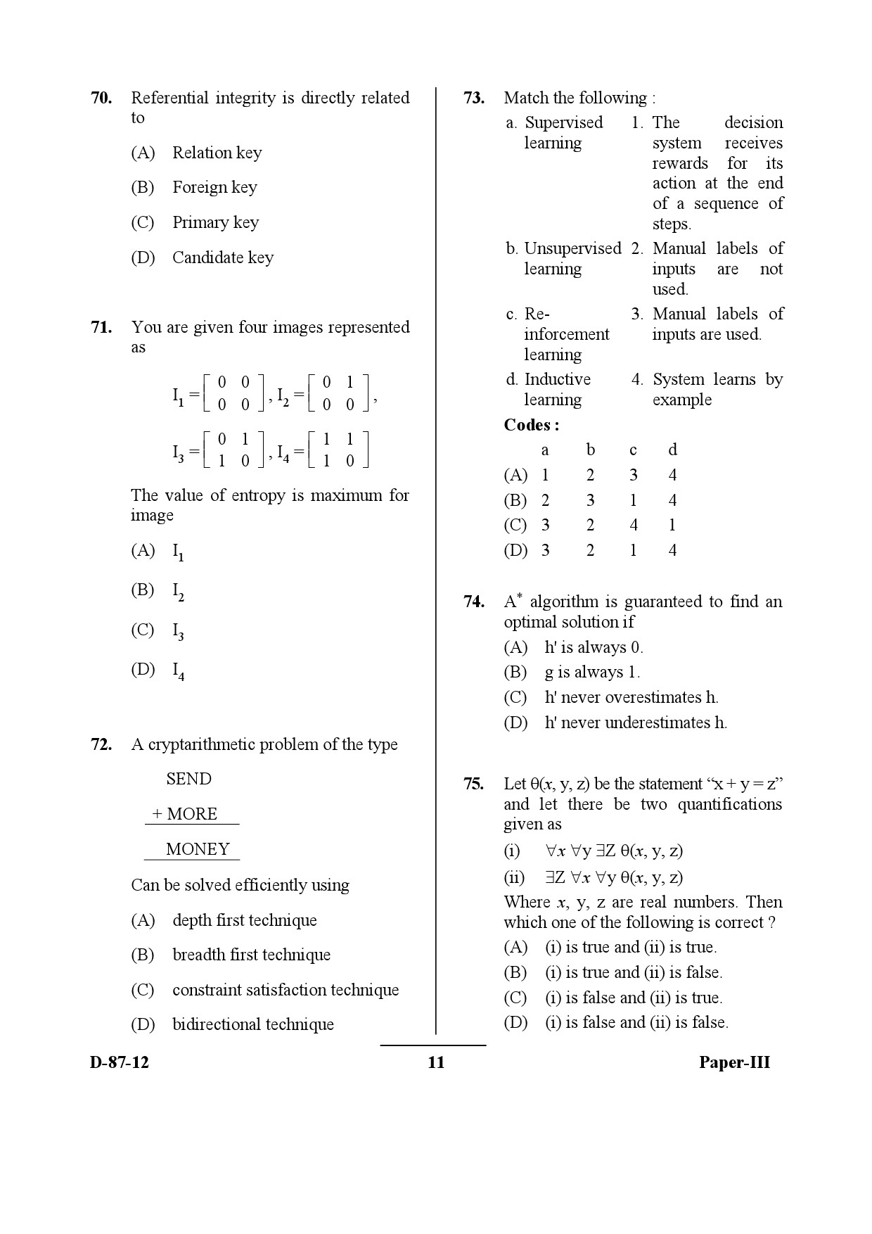 UGC NET Computer Science and Applications Question Paper III December 2012 11