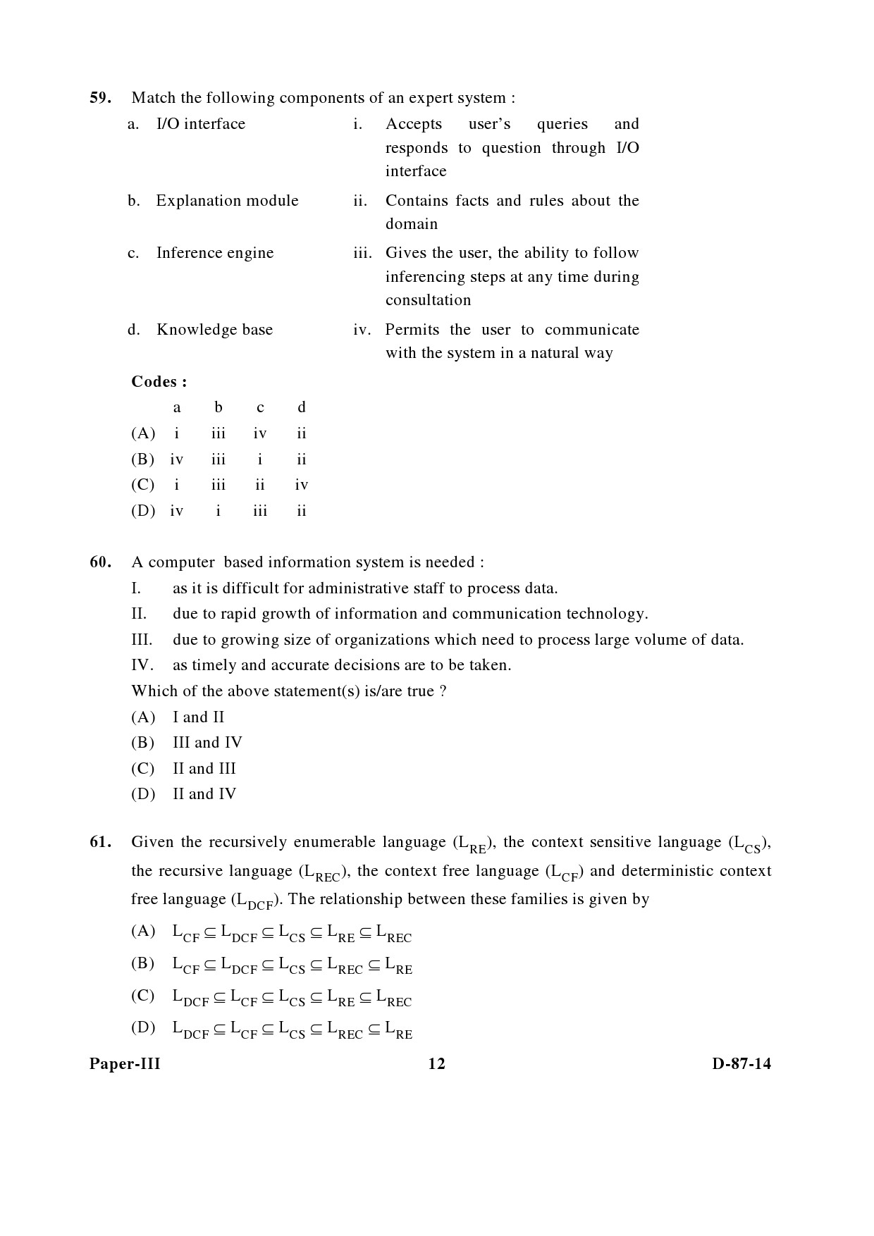 UGC NET Computer Science and Applications Question Paper III December 2014 12