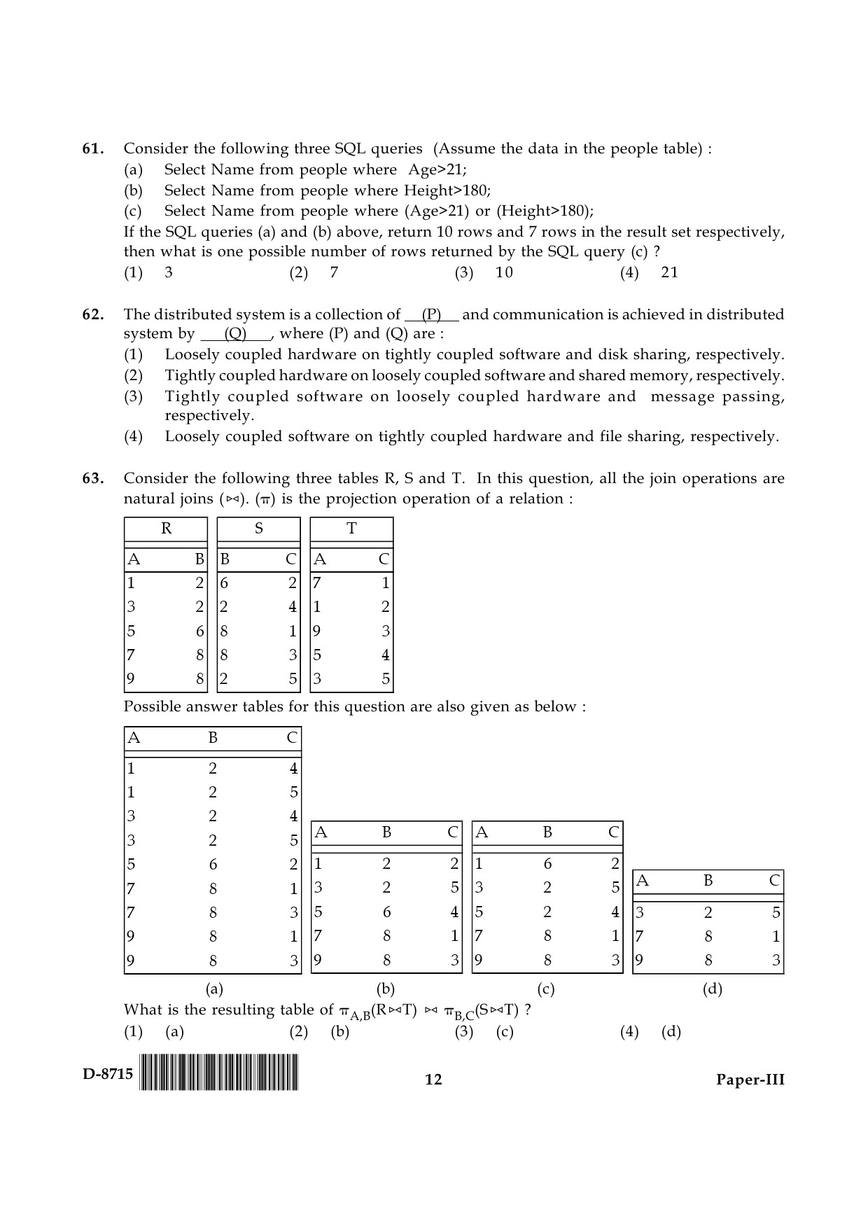 UGC NET Computer Science and Applications Question Paper III December 2015 12