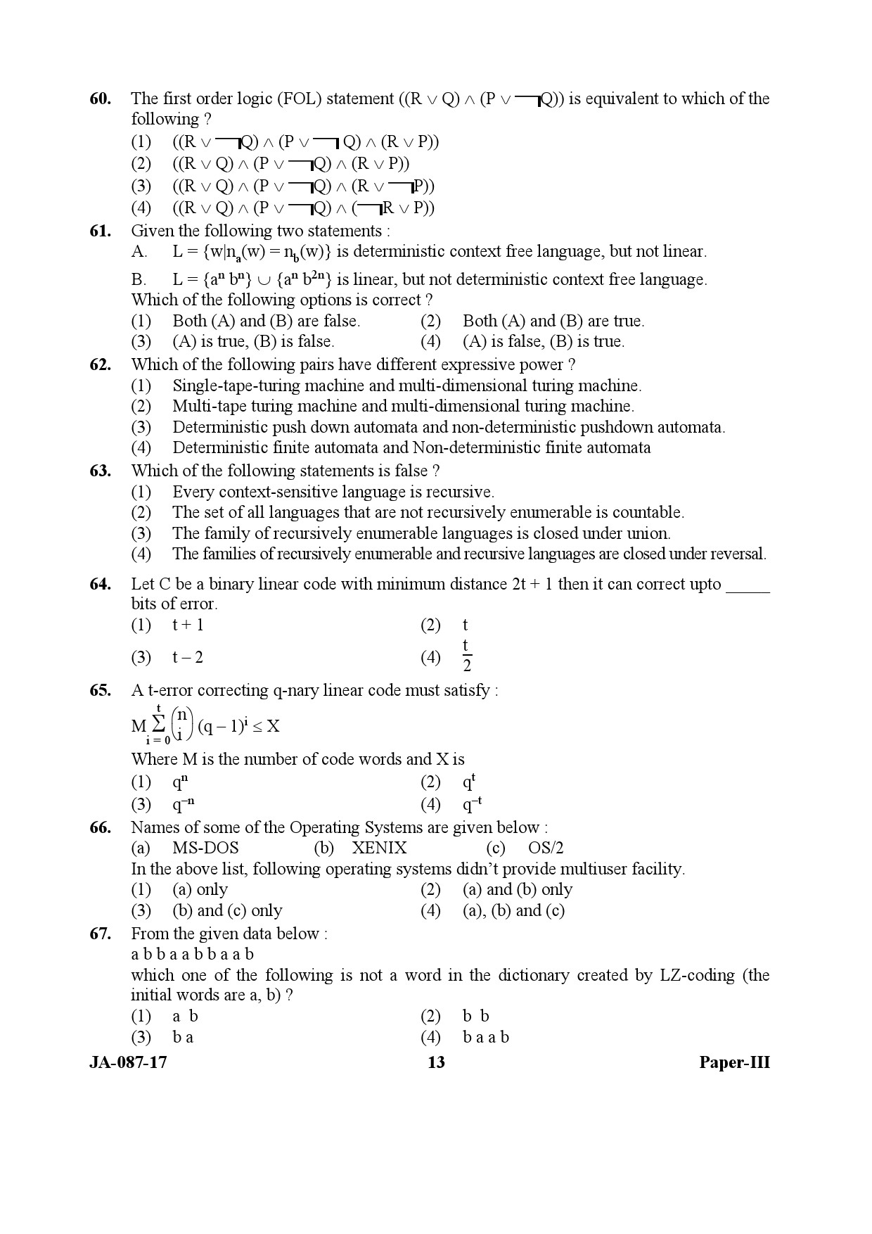 UGC NET Computer Science and Applications Question Paper III January 2017 13