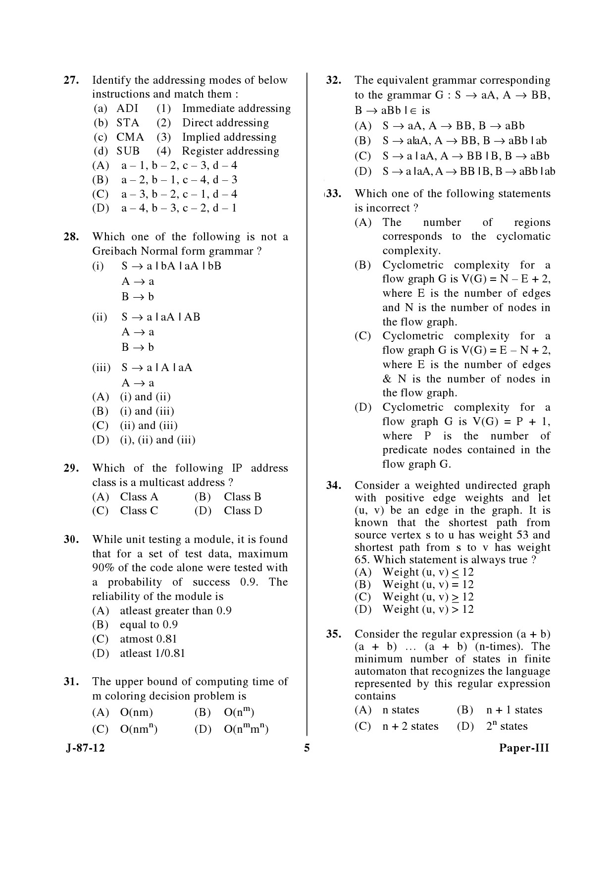 UGC NET Computer Science and Applications Question Paper III June 2012 5