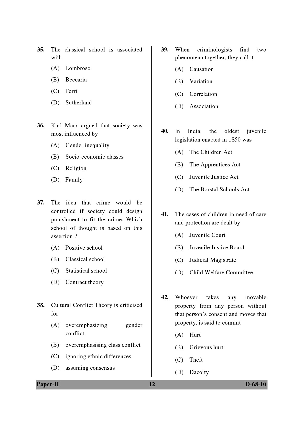 UGC NET Criminology Question Paper II December 2010 12