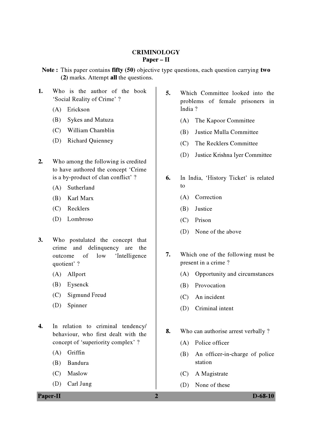 UGC NET Criminology Question Paper II December 2010 2