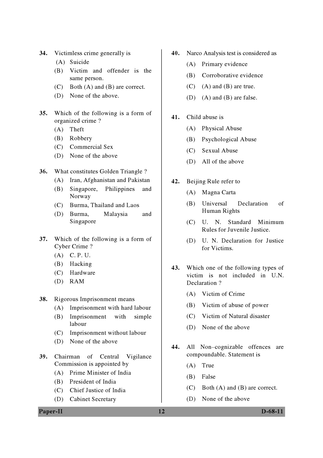 UGC NET Criminology Question Paper II December 2011 12