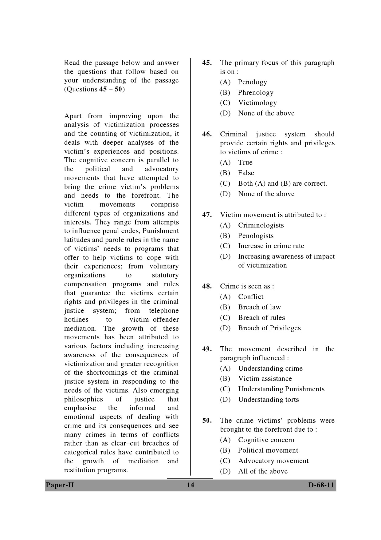 UGC NET Criminology Question Paper II December 2011 14