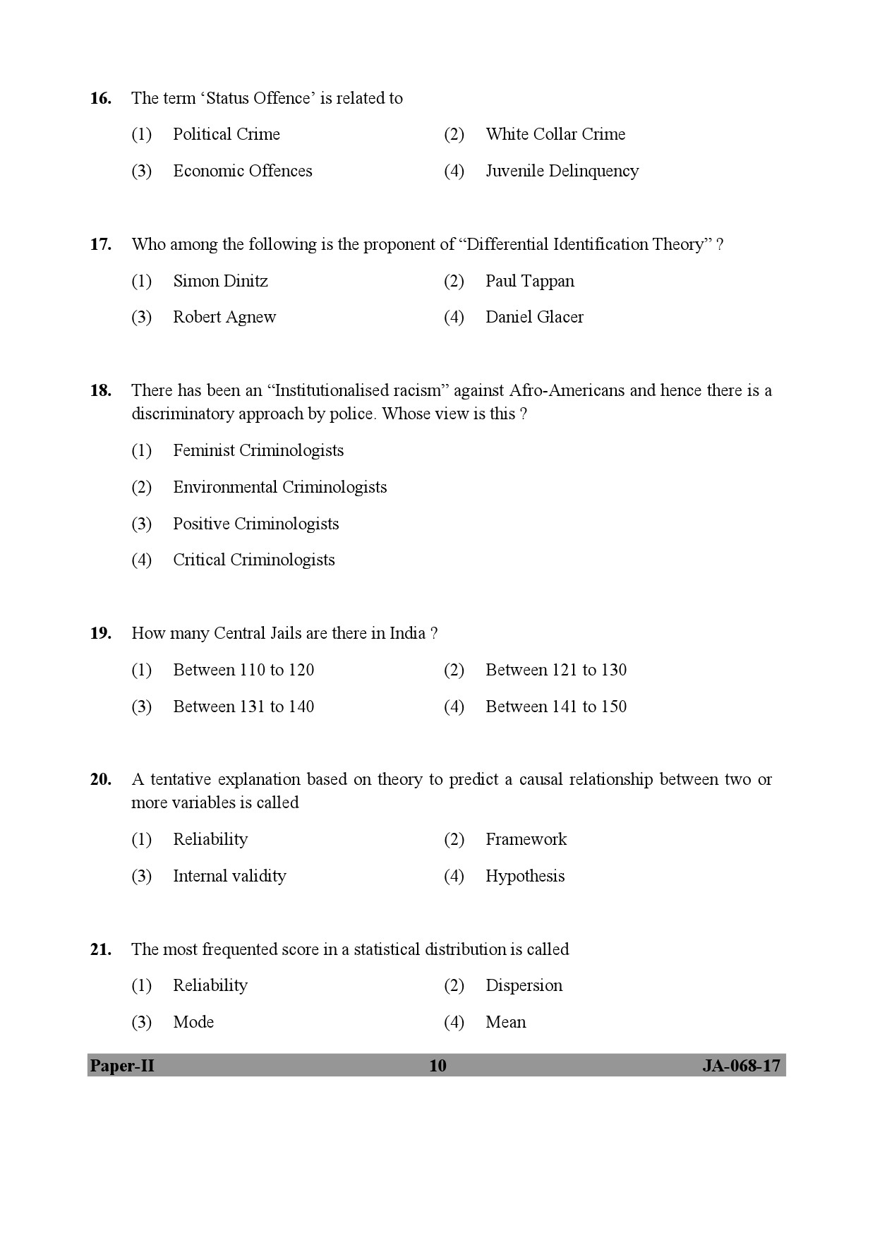 UGC NET Criminology Question Paper II January 2017 10