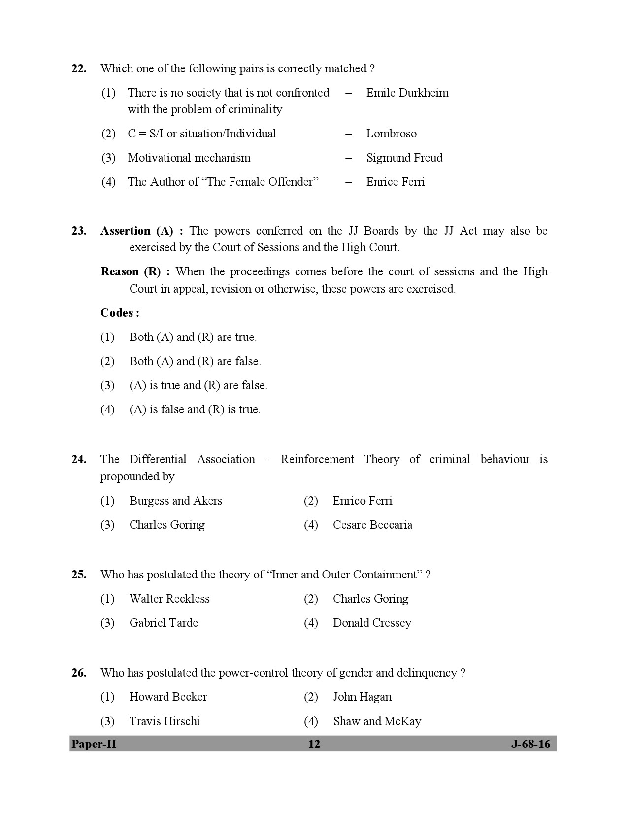 UGC NET Criminology Question Paper II July 2016 12