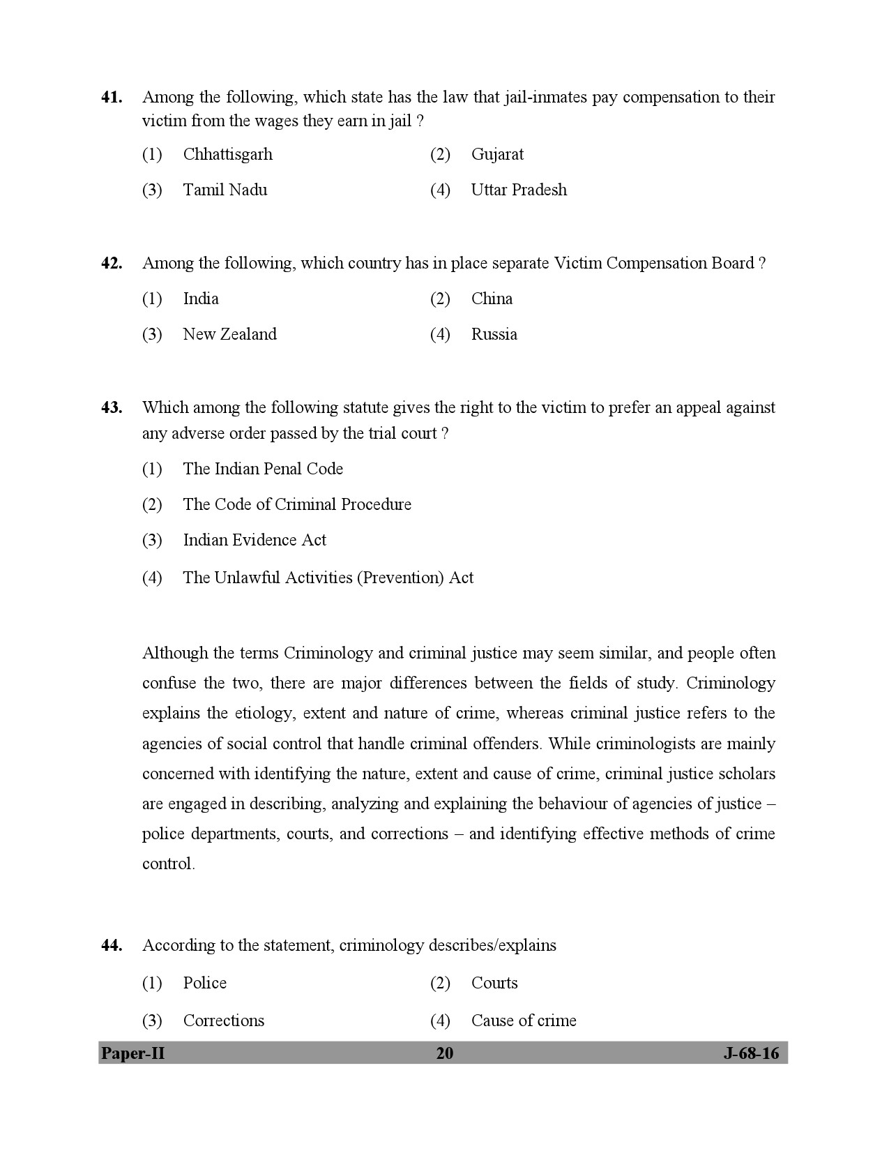 UGC NET Criminology Question Paper II July 2016 20