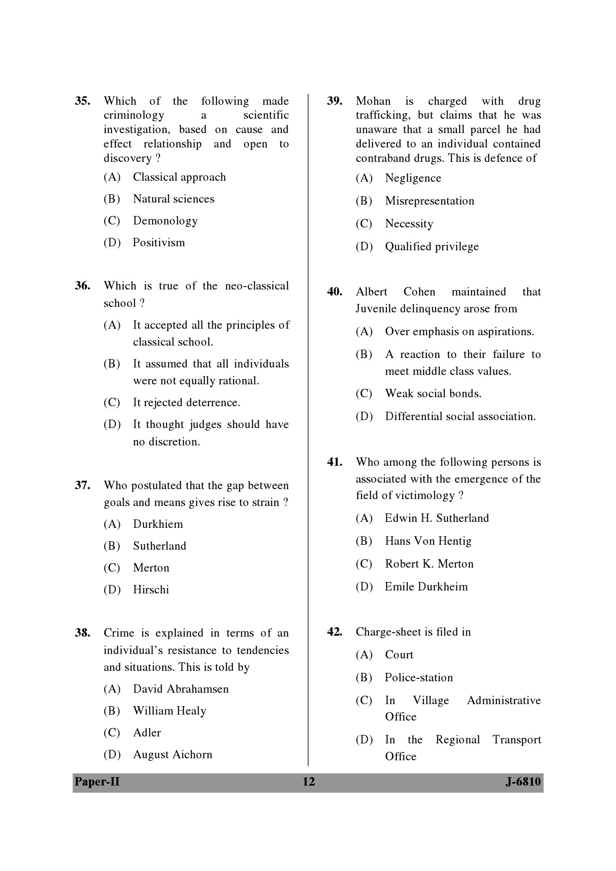 UGC NET Criminology Question Paper II June 2010 12