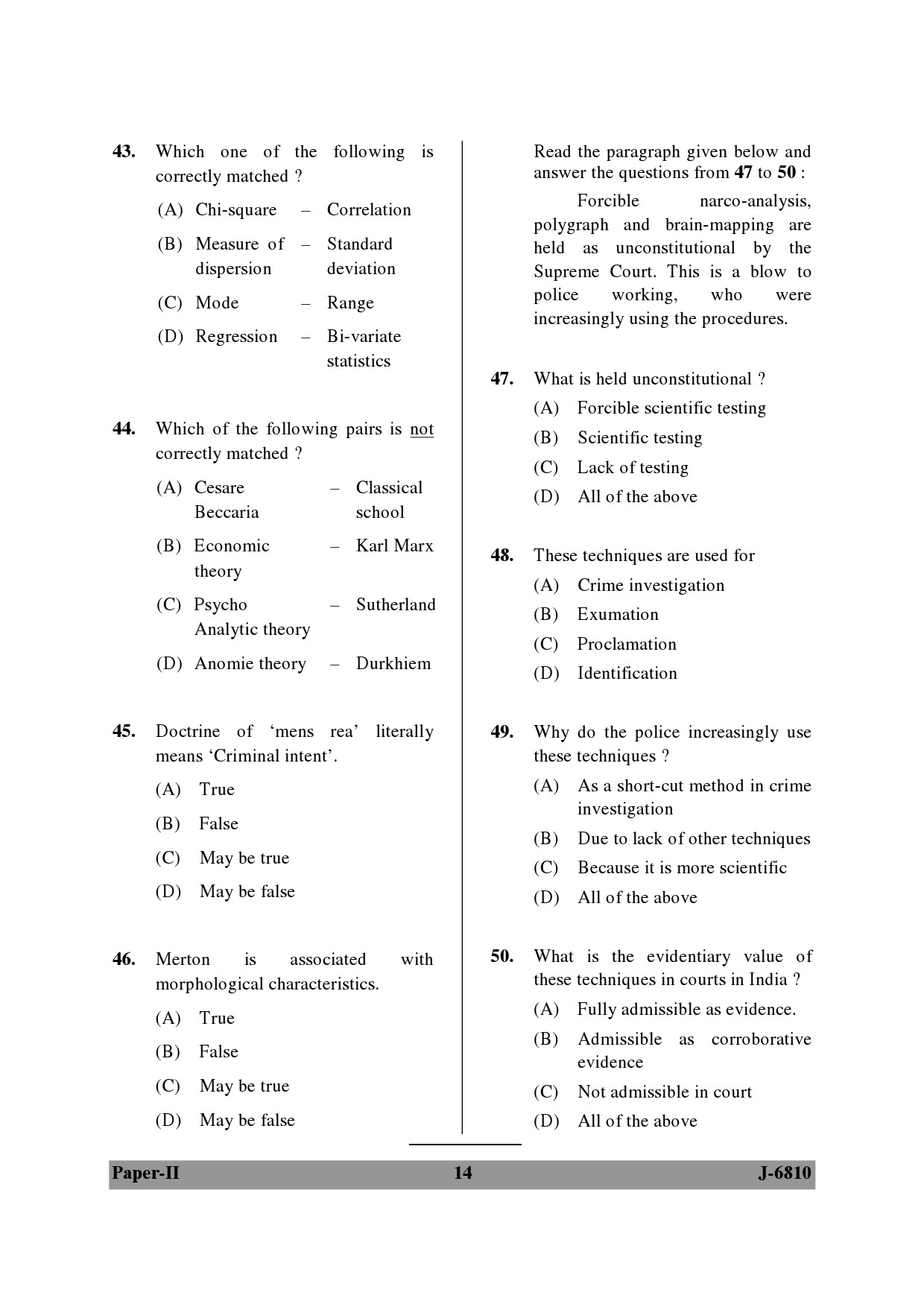 UGC NET Criminology Question Paper II June 2010 14