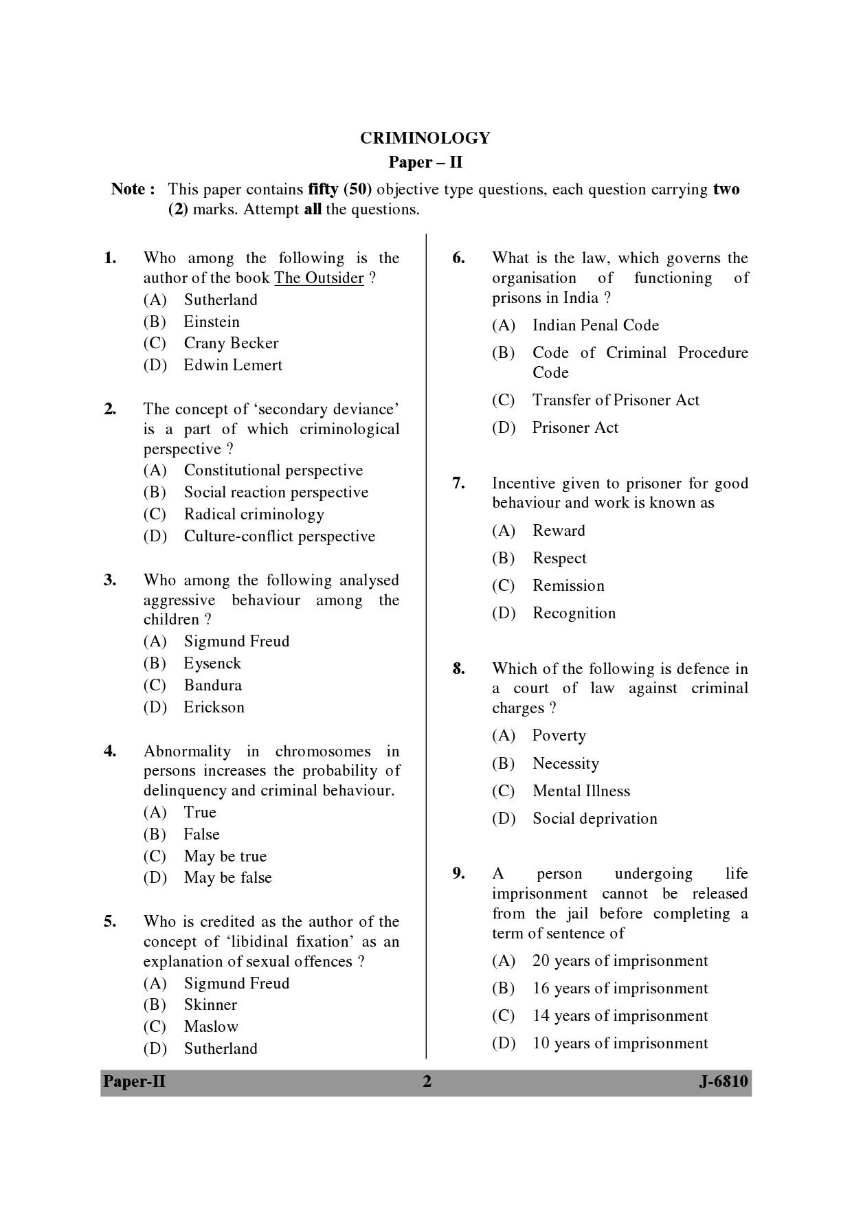 UGC NET Criminology Question Paper II June 2010 2