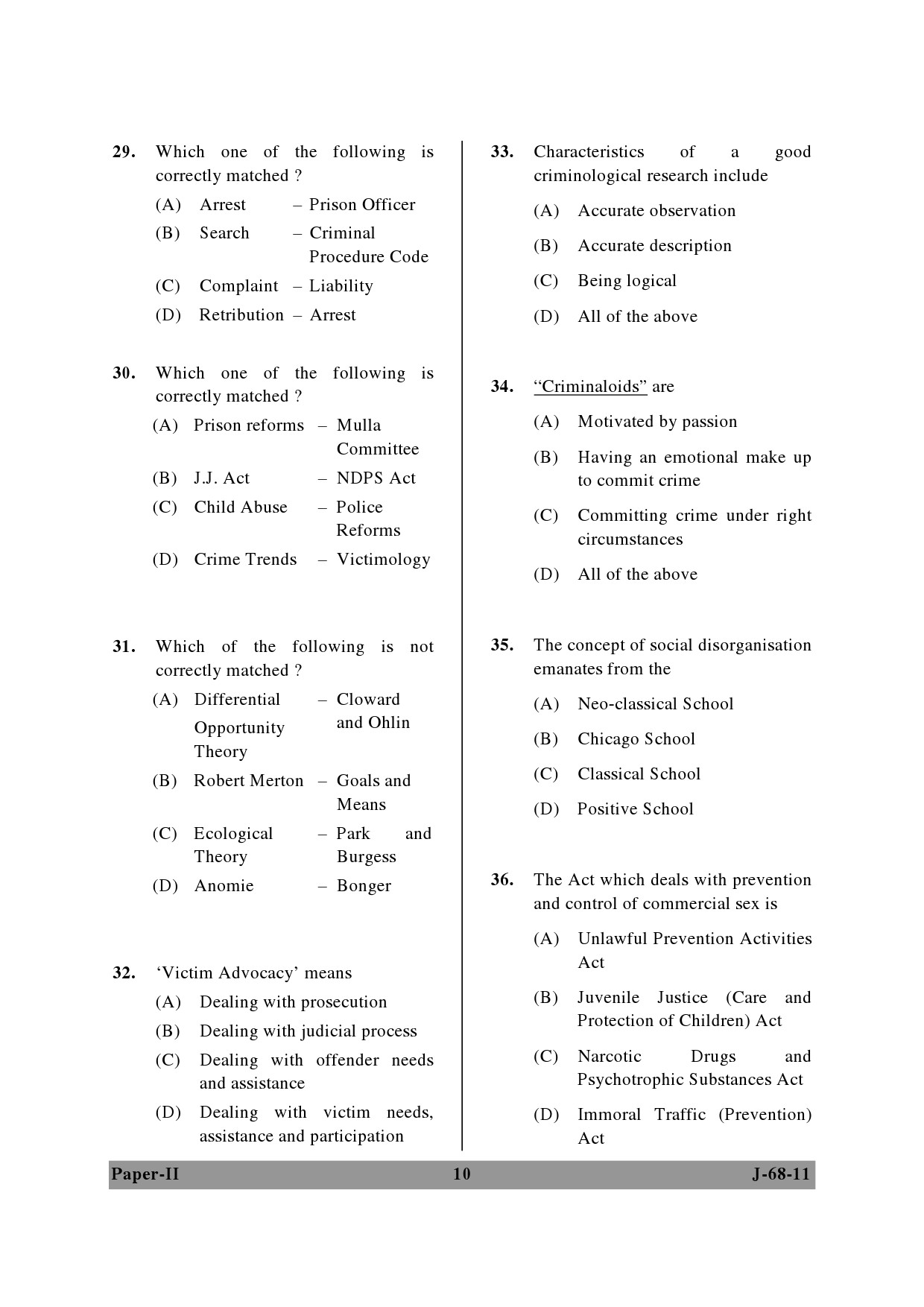 UGC NET Criminology Question Paper II June 2011 10