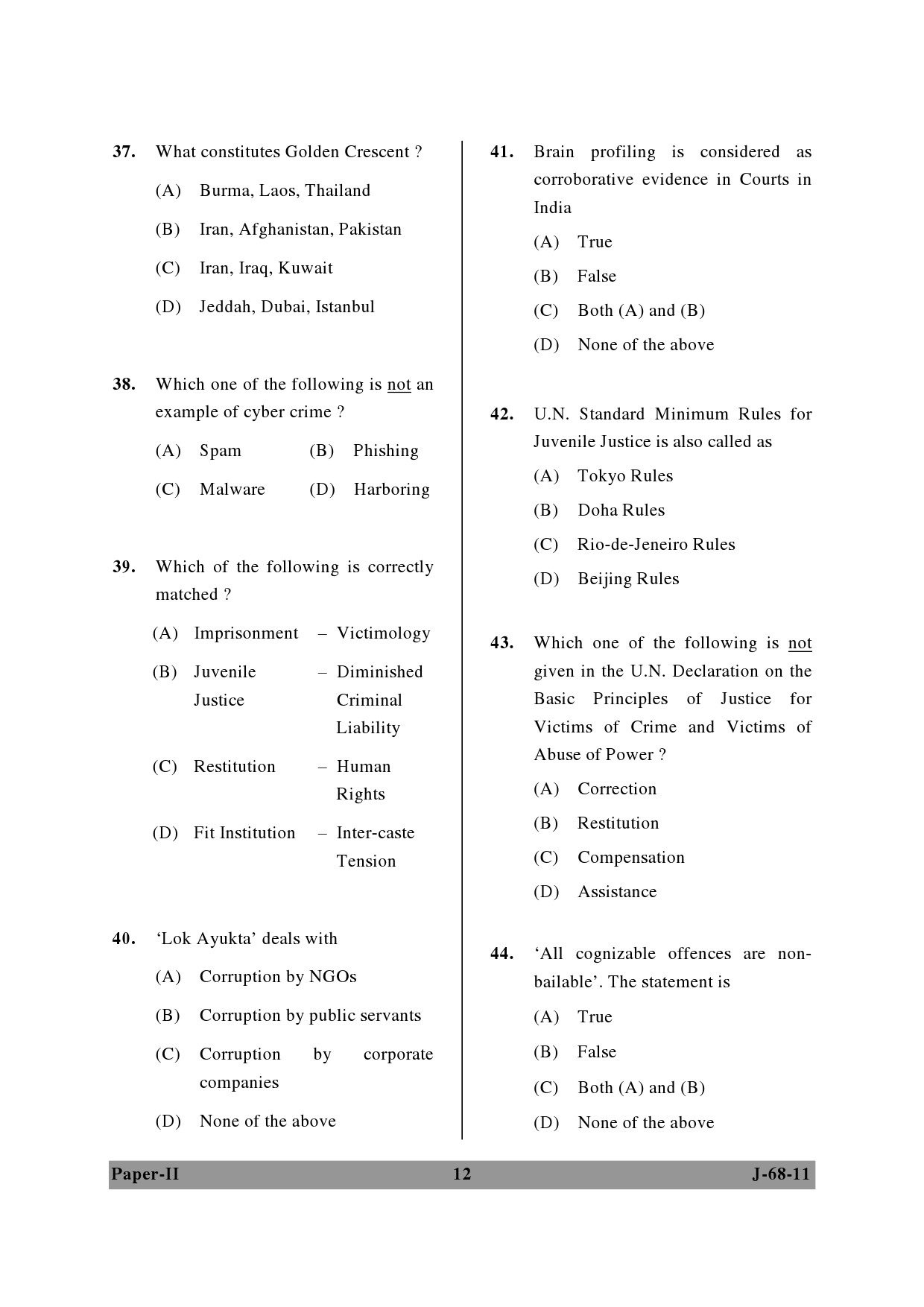 UGC NET Criminology Question Paper II June 2011 12