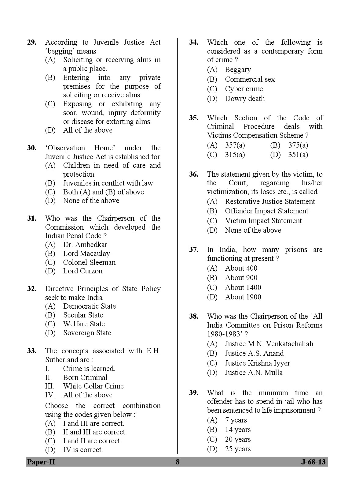 UGC NET Criminology Question Paper II June 2013 8