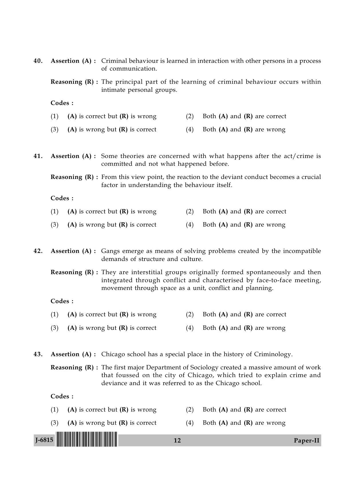 UGC NET Criminology Question Paper II June 2015 12